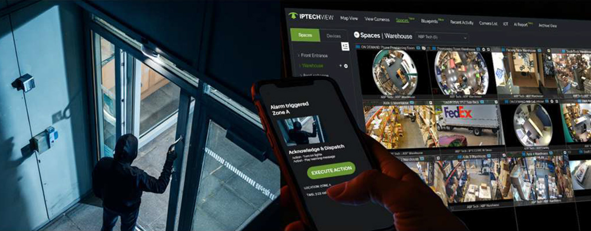 IPTECHVIEW-AI Cloud VMS showing a man leaving a building with a llaptop and a control panel for IPTECHVIEW AI on the right side