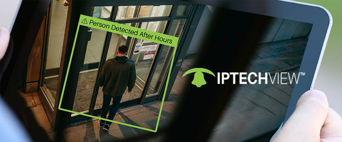 IPTECHVIEW AI™ logo over a photo of a man leaving a building